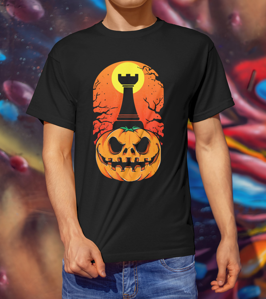Spooky Rook Pumpkin Halloween Chess Tower Moon T-Shirt
