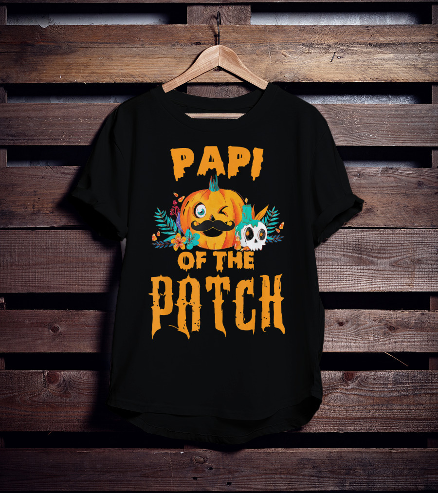 Papi Of The Patch Pumpkin Winking Mustache Skull Flowers T-Shirt