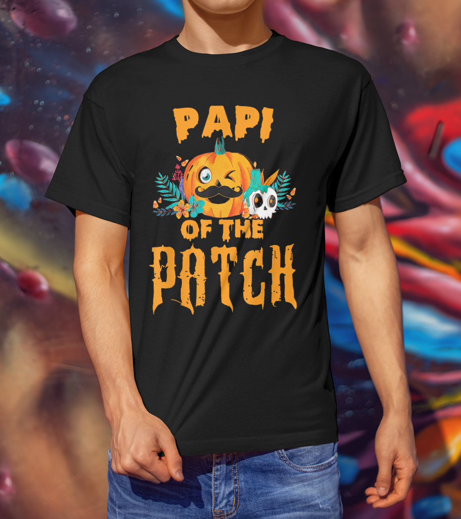 Papi Of The Patch Pumpkin Winking Mustache Skull Flowers T-Shirt