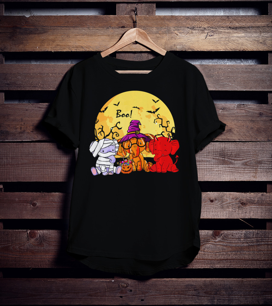 Boo Three Elephants Halloween Costume Party With Moon And Bats T-Shirt