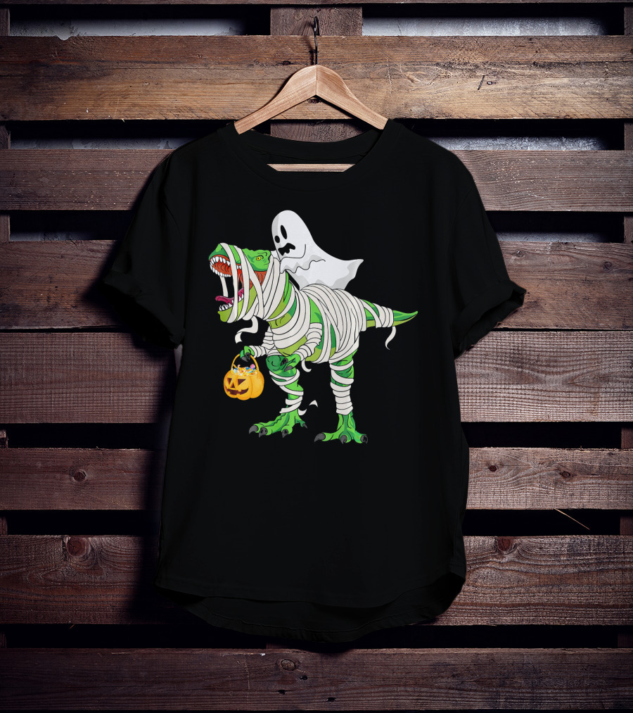 Ghost Mummy Riding T-Rex Trick Or Treat T-Shirt