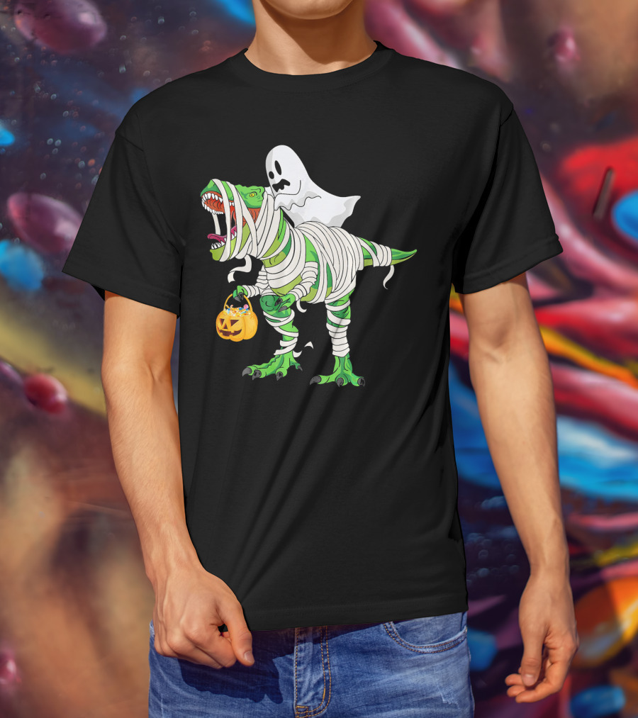 Ghost Mummy Riding T-Rex Trick Or Treat T-Shirt