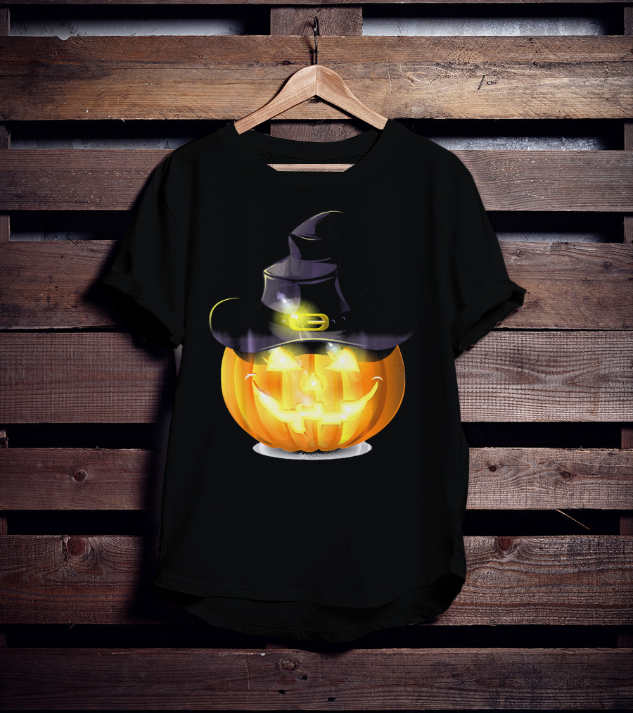 Halloween Horror Pumpkin Witch Hat Glowing Face T-Shirt