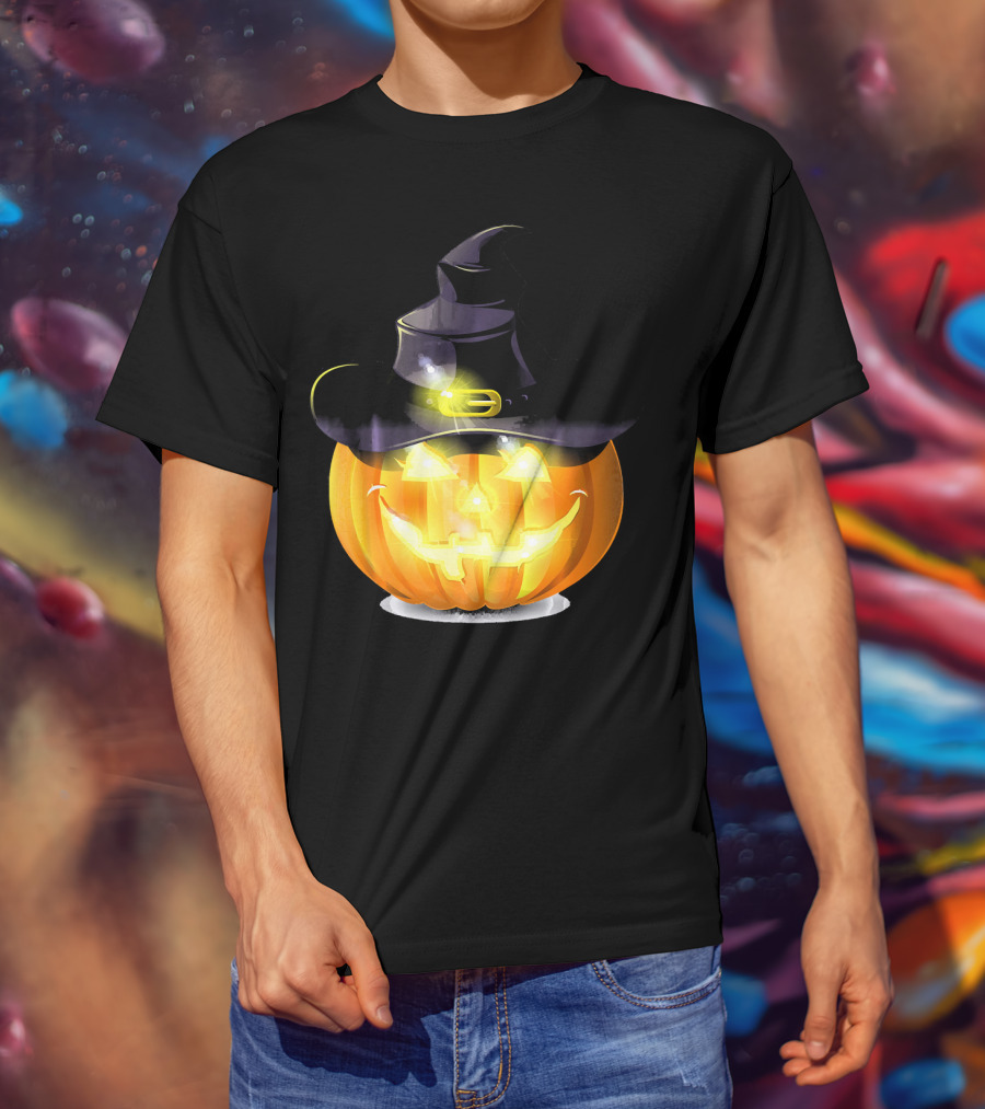 Halloween Horror Pumpkin Witch Hat Glowing Face T-Shirt