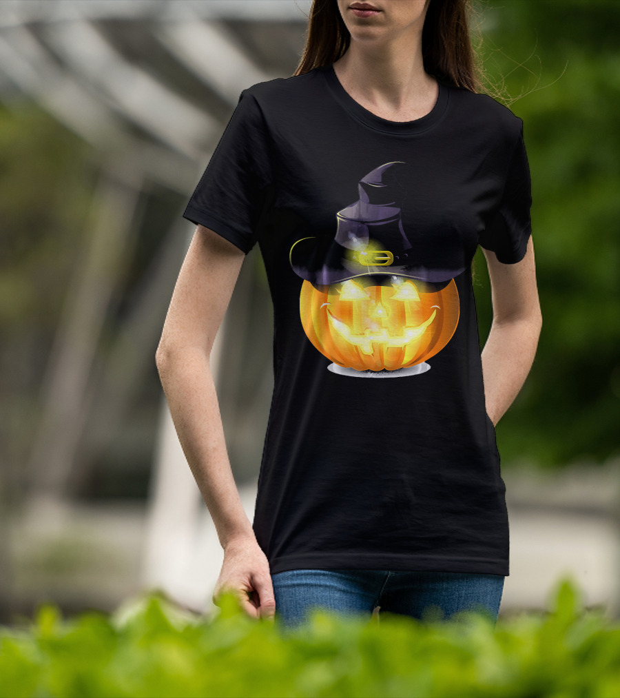 Halloween Horror Pumpkin Witch Hat Glowing Face T-Shirt