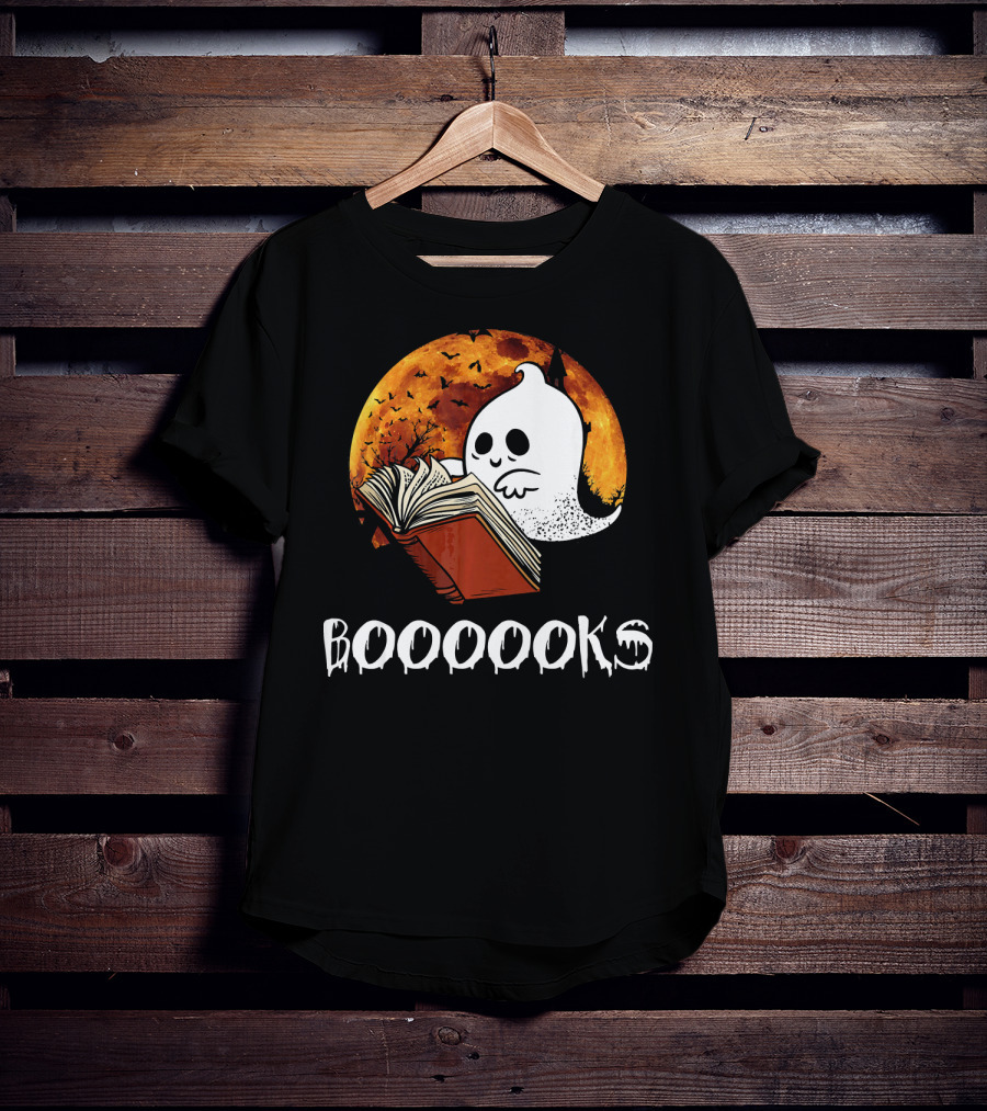Booooooks Boo Reading Books Hall Ghost With Open Book And Moon Bats T-Shirt