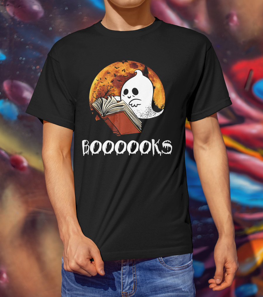 Booooooks Boo Reading Books Hall Ghost With Open Book And Moon Bats T-Shirt