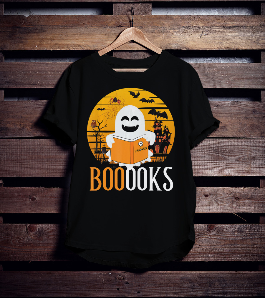 Halloween Ghost Reading Booooks In Spooky Setting With Funny Teacher T-Shirt