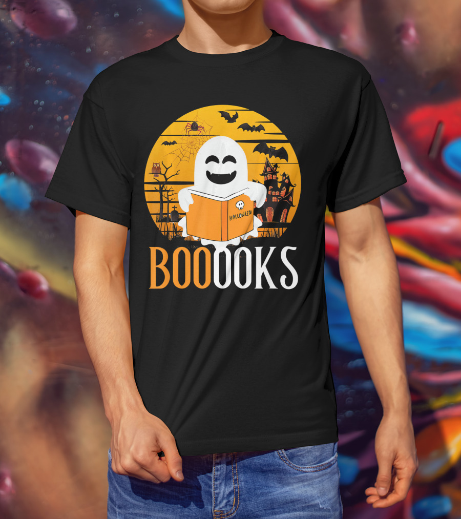 Halloween Ghost Reading Booooks In Spooky Setting With Funny Teacher T-Shirt
