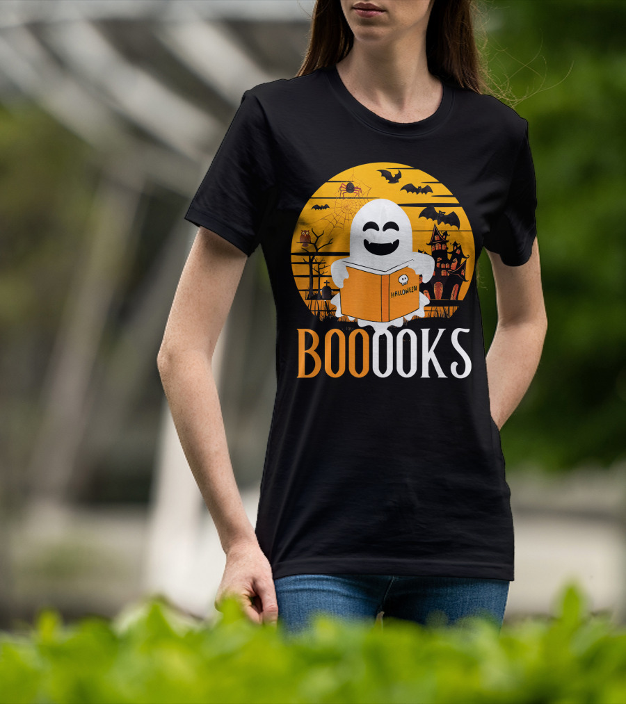 Halloween Ghost Reading Booooks In Spooky Setting With Funny Teacher T-Shirt