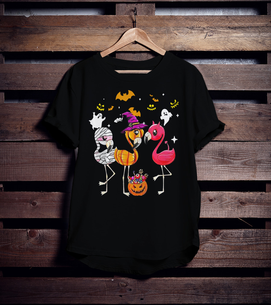 Flamingo Halloween Candy Witch Ghost Bats Pumpkin T-Shirt