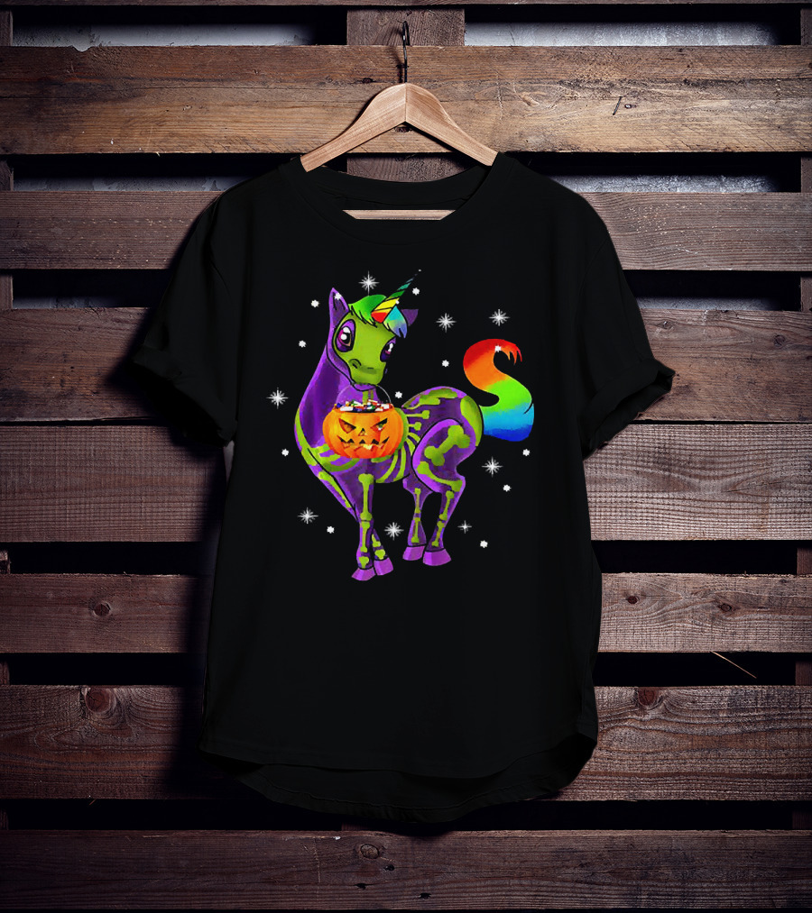 Unicorn Skeleton Pumpkin Rainbow Halloween Magic T-Shirt