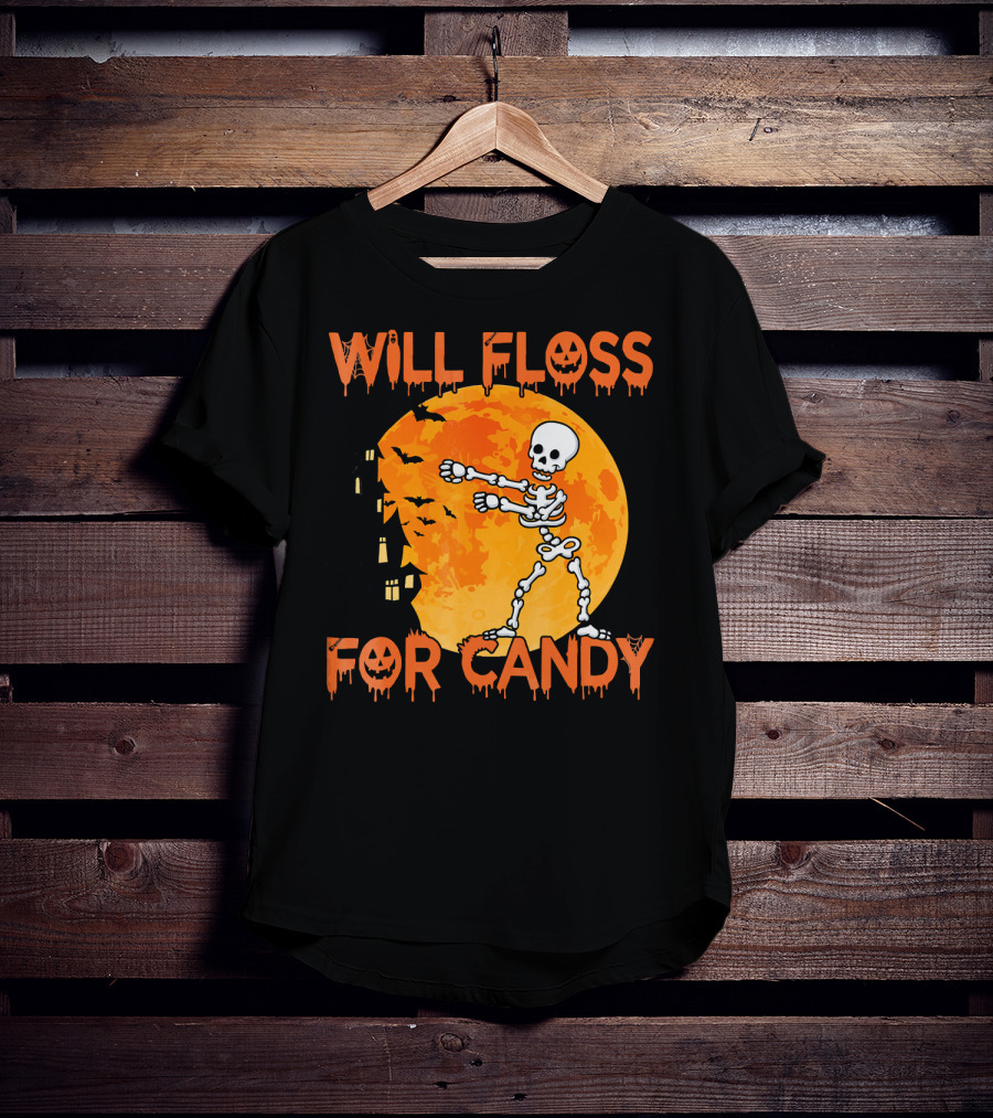 Will Floss For Candy Dancing Skeleton Halloween Moon Bats T-Shirt