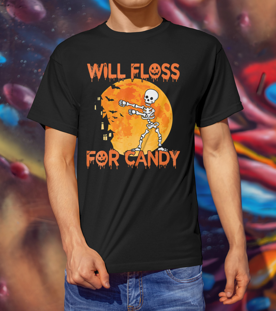 Will Floss For Candy Dancing Skeleton Halloween Moon Bats T-Shirt