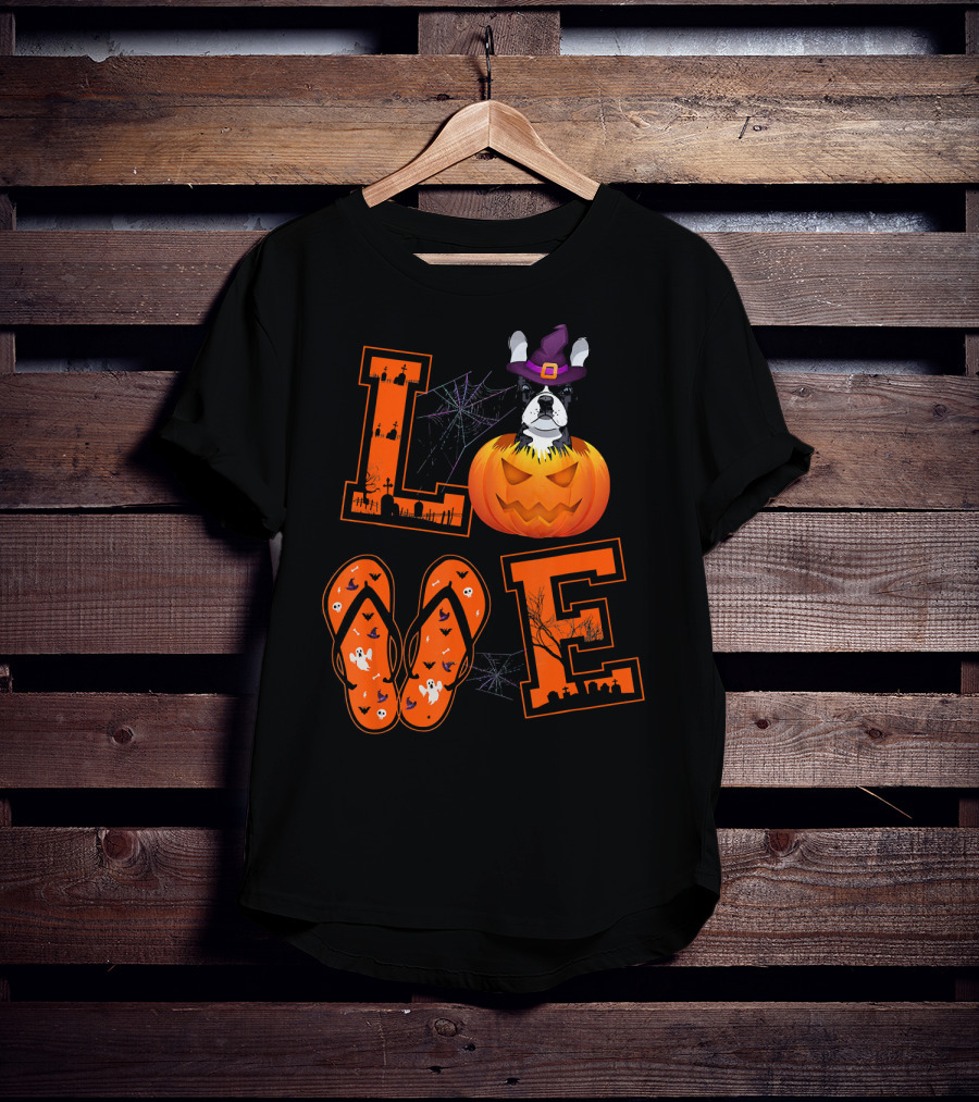 LOVE French Bulldog Pumpkin Halloween Ghosts Spider Webs T-Shirt