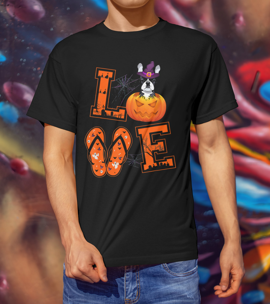LOVE French Bulldog Pumpkin Halloween Ghosts Spider Webs T-Shirt