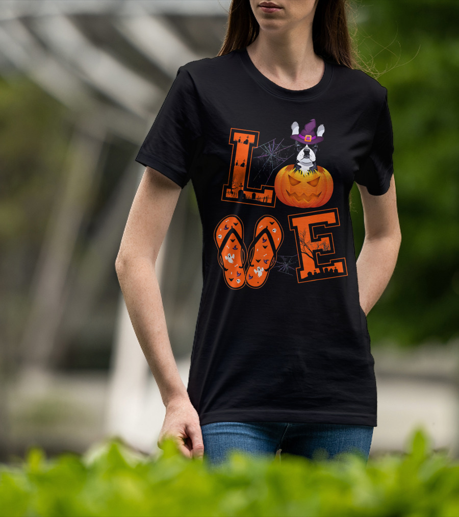 LOVE French Bulldog Pumpkin Halloween Ghosts Spider Webs T-Shirt