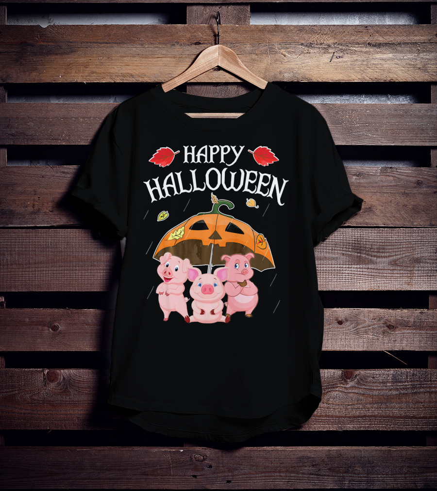 Happy Halloween Pigs Under Jack-o'-Lantern Umbrella T-Shirt