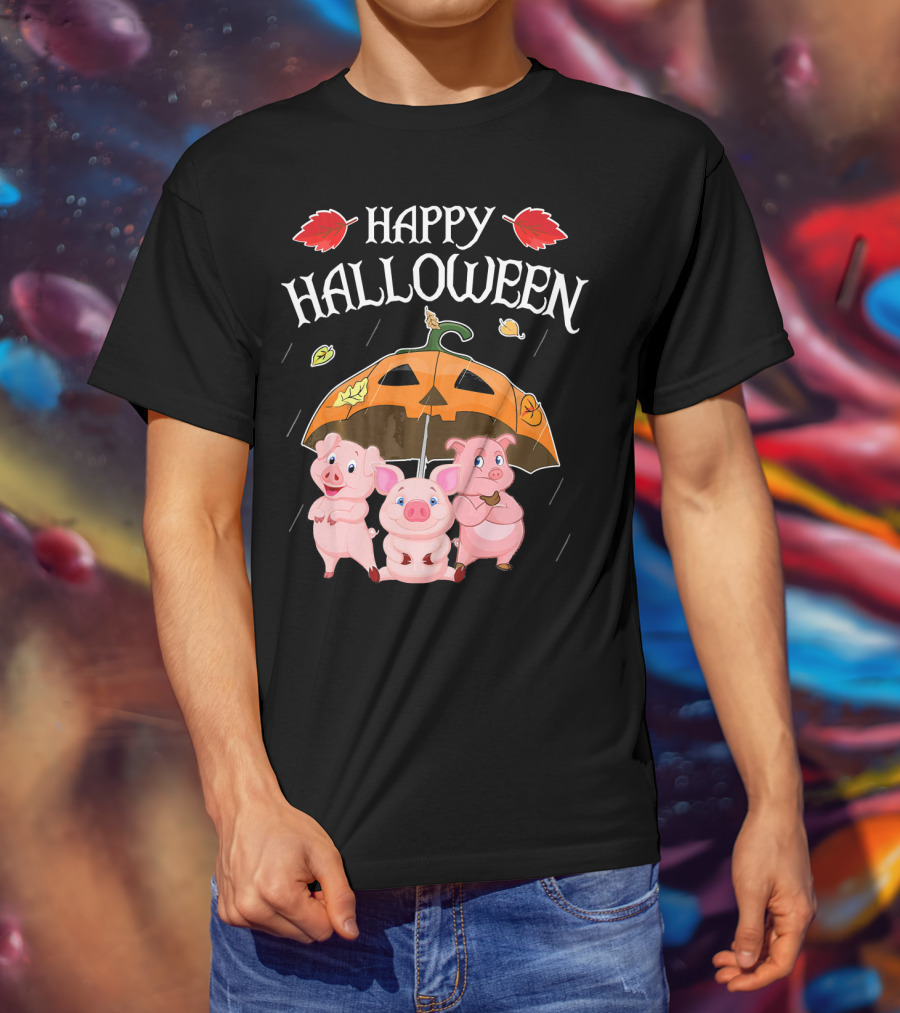 Happy Halloween Pigs Under Jack-o'-Lantern Umbrella T-Shirt