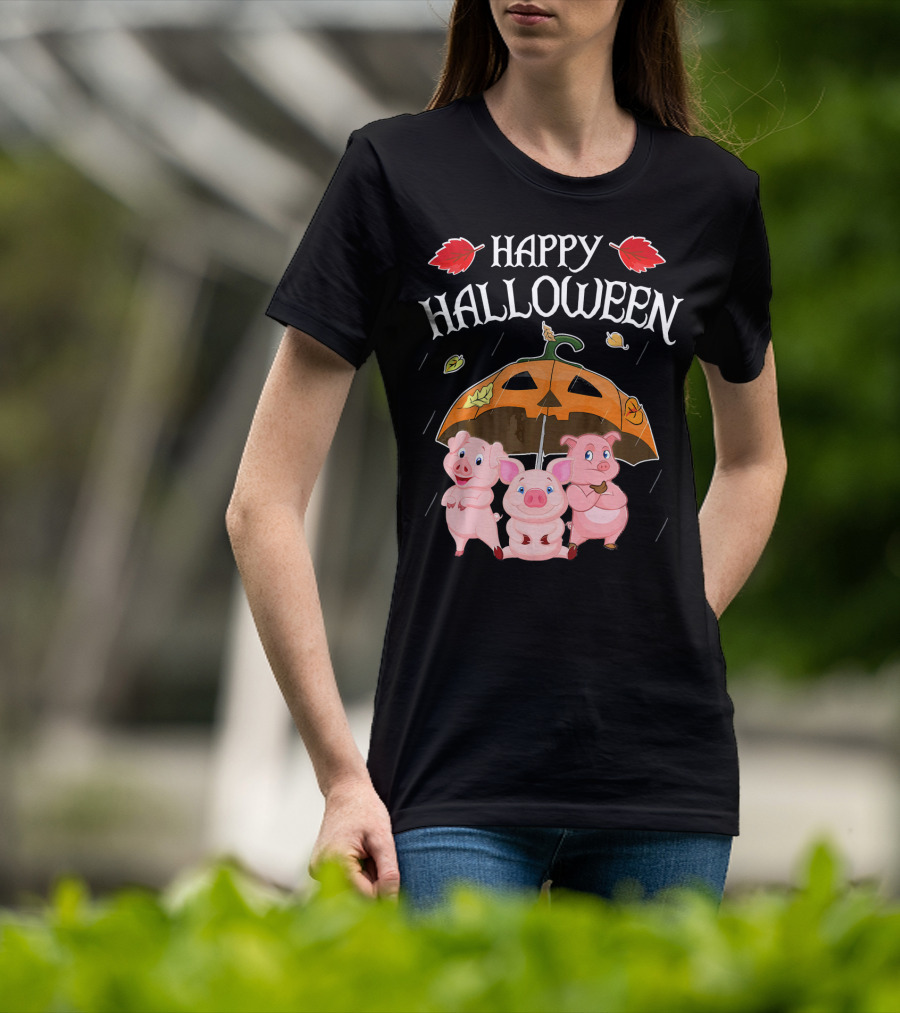 Happy Halloween Pigs Under Jack-o'-Lantern Umbrella T-Shirt