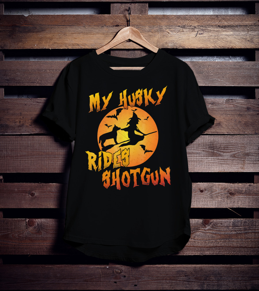 My Husky Rides Shotgun Halloween Witch Moon Bats T-Shirt