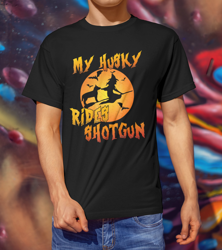 My Husky Rides Shotgun Halloween Witch Moon Bats T-Shirt