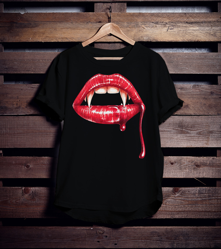 Awesome Vampire Fangs Lips With Blood Dripping Dracula T-Shirt
