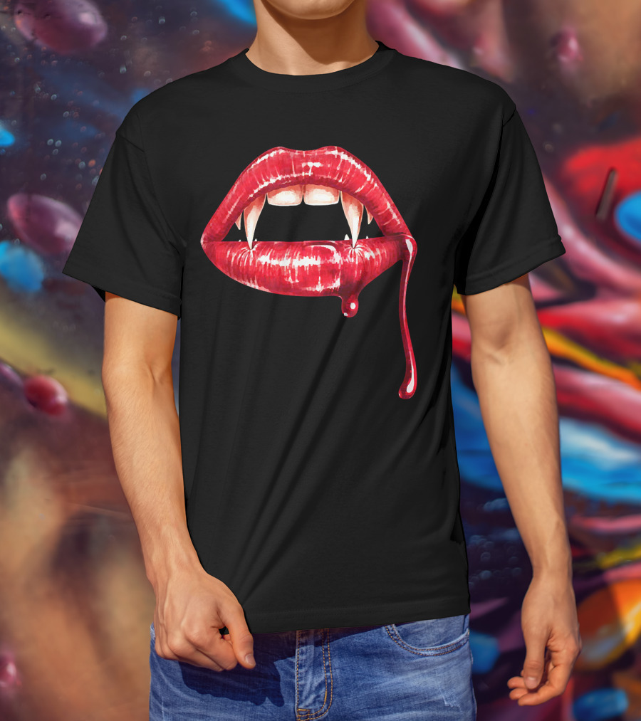 Awesome Vampire Fangs Lips With Blood Dripping Dracula T-Shirt