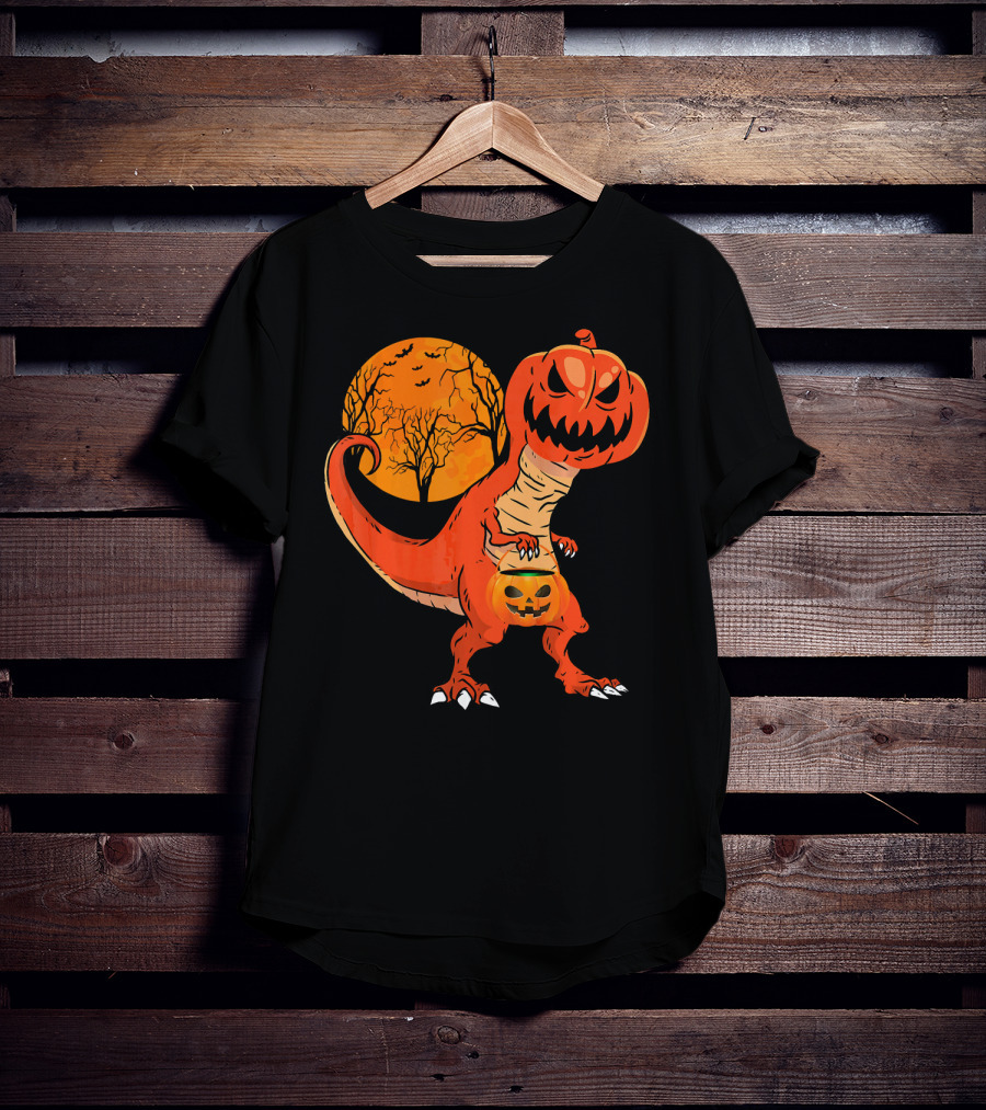 Funny Halloween Dinosaur Pumpkin Head Tree Shadow T-Shirt