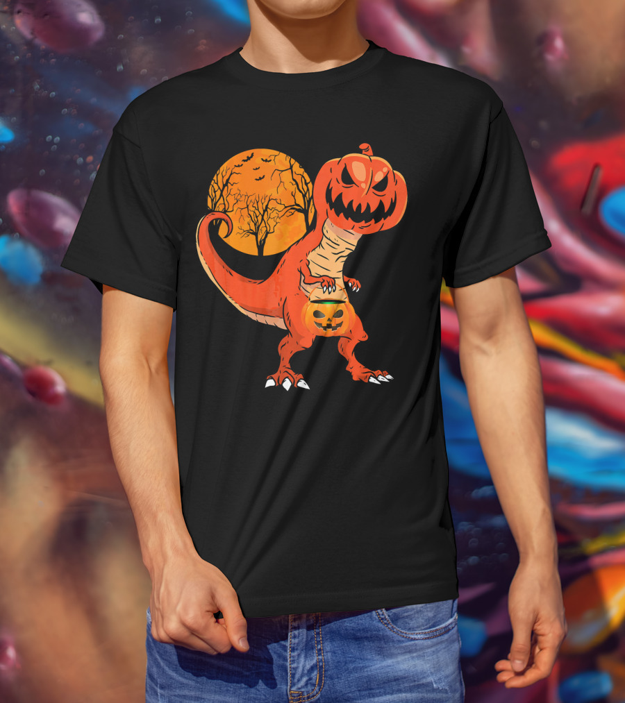 Funny Halloween Dinosaur Pumpkin Head Tree Shadow T-Shirt
