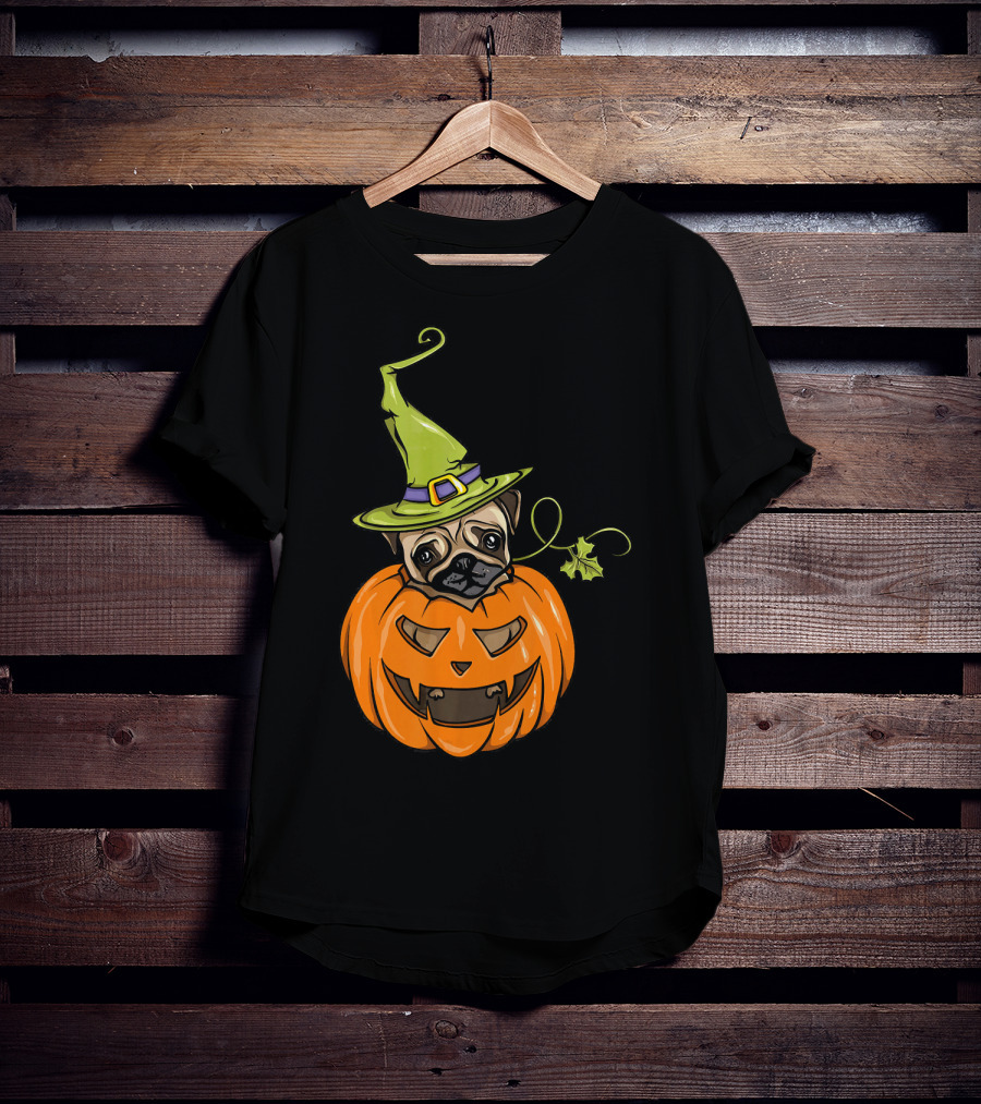 Pumpkin Pug Witch Halloween Costume Women T-Shirt
