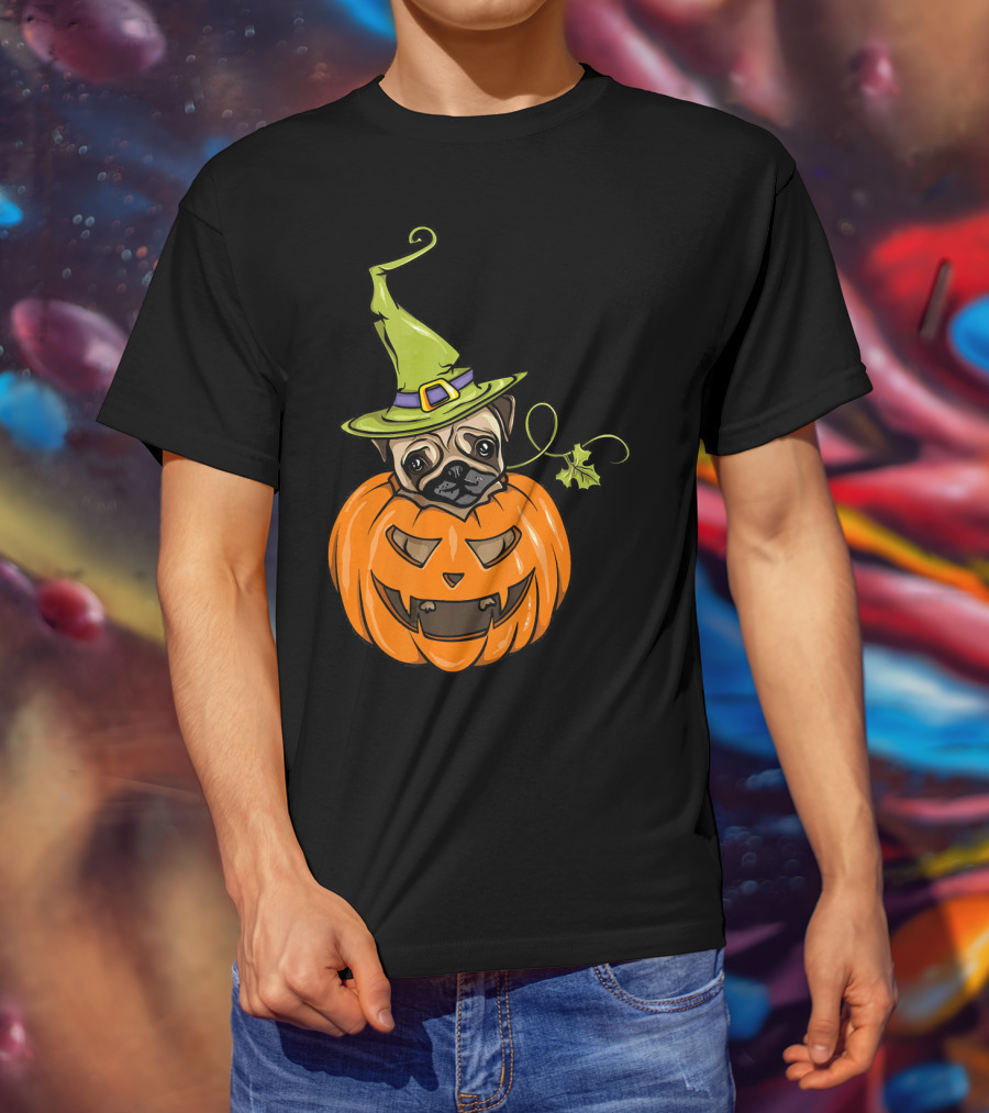 Pumpkin Pug Witch Halloween Costume Women T-Shirt