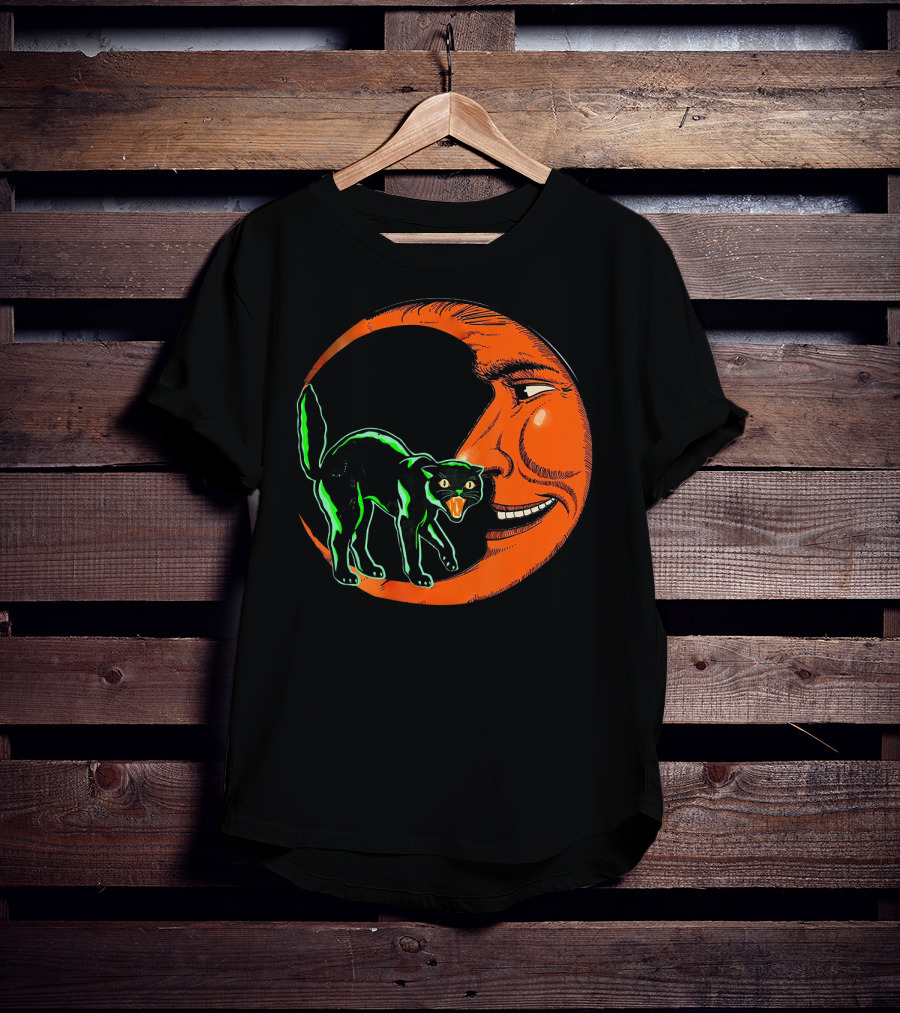 Vintage Halloween Beistle Cat On Crescent Moon T-Shirt