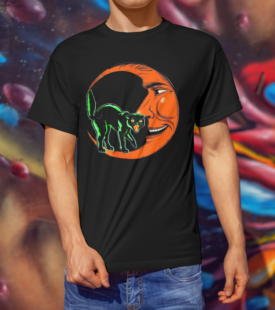Vintage Halloween Beistle Cat On Crescent Moon T-Shirt