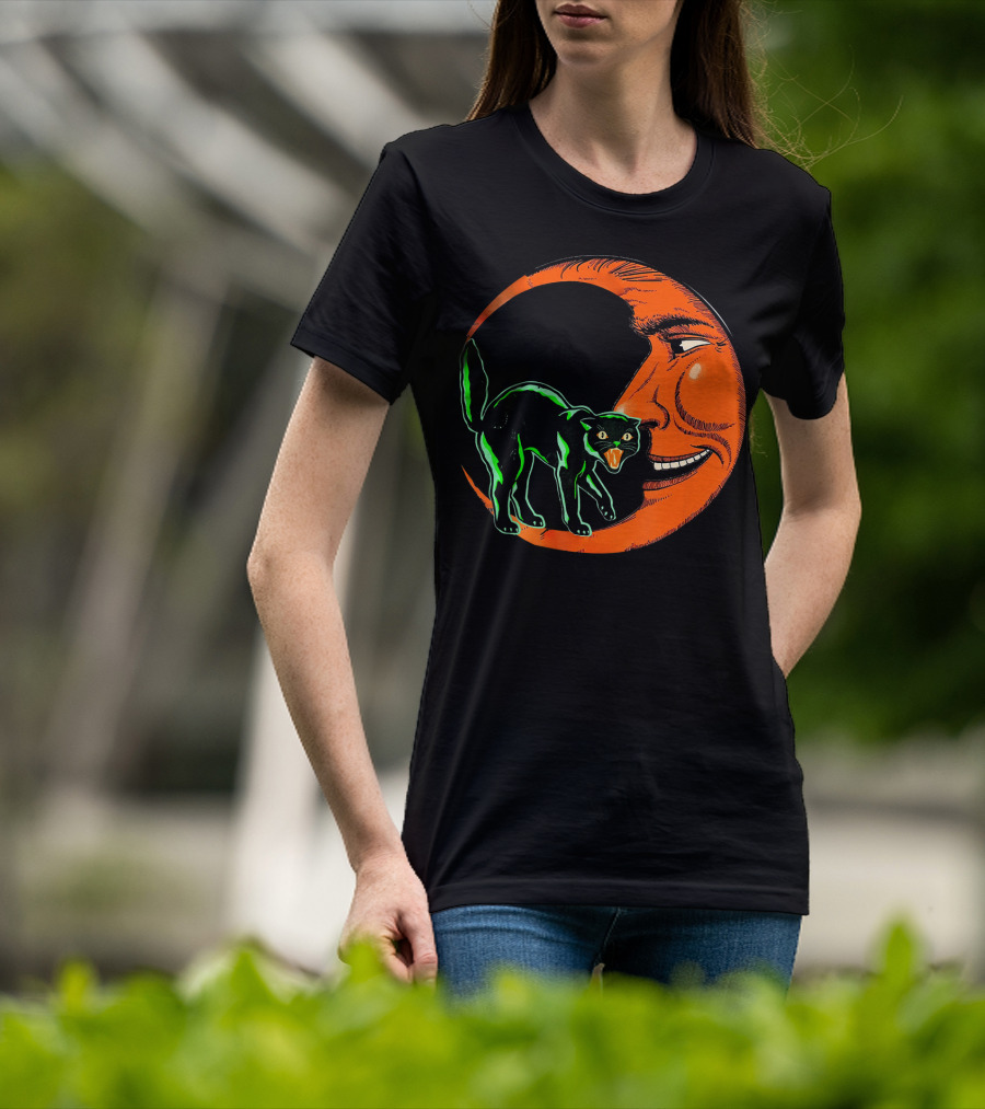 Vintage Halloween Beistle Cat On Crescent Moon T-Shirt
