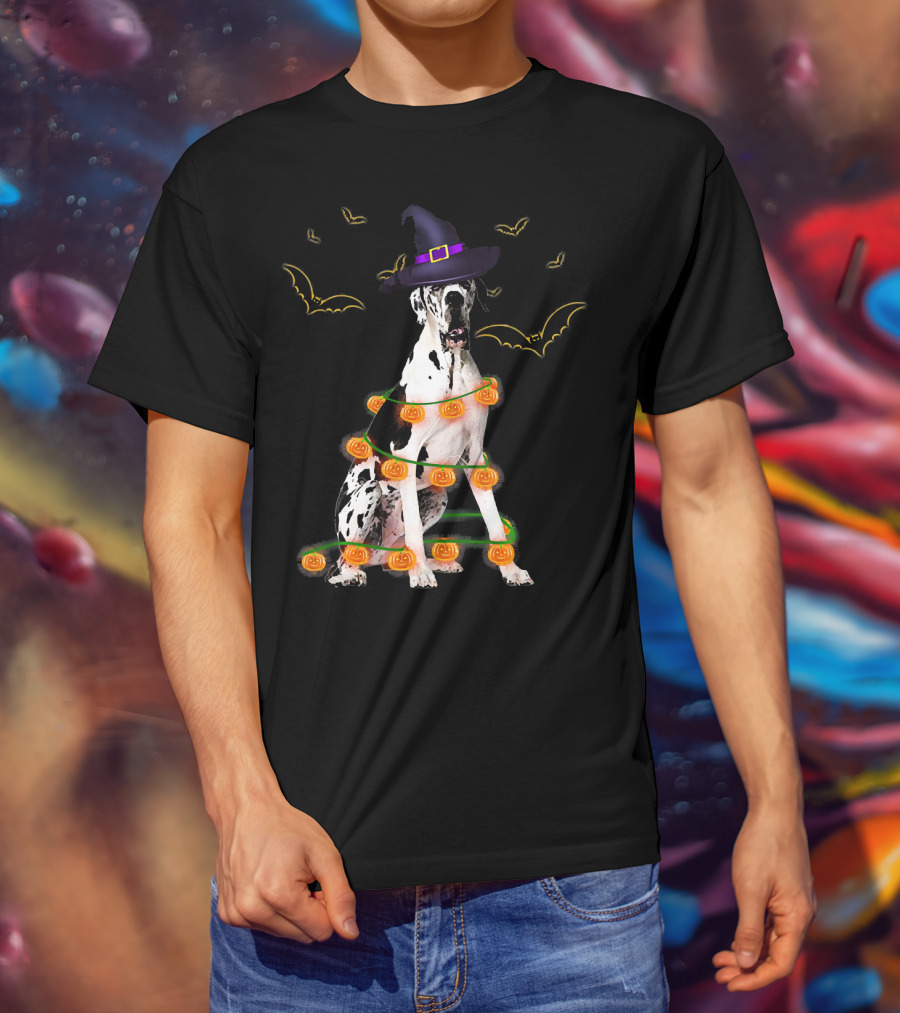 Halloween Great Dane Dog With Witch Hat And Pumpkin Lights Surrounded By Bats T-Shirt