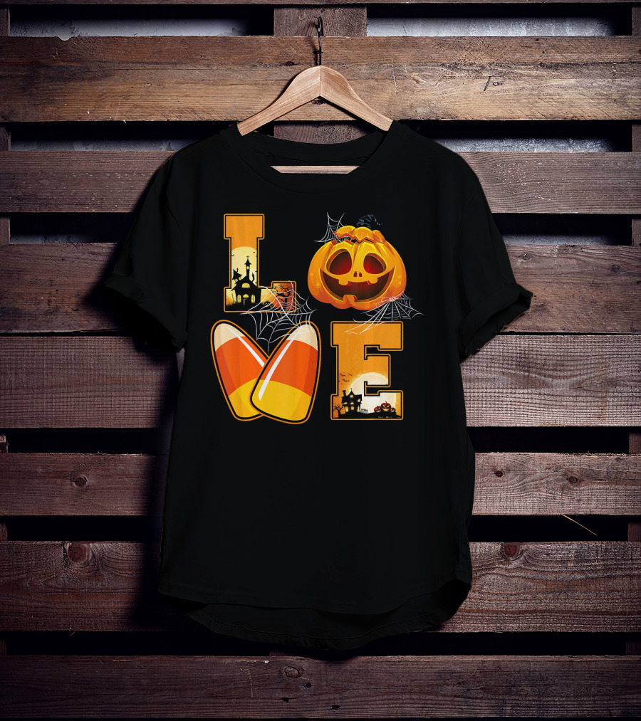 Love Candy Corn Pumpkin Halloween Spiderwebs T-Shirt