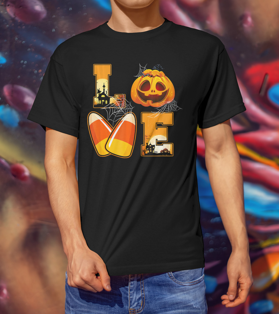 Love Candy Corn Pumpkin Halloween Spiderwebs T-Shirt