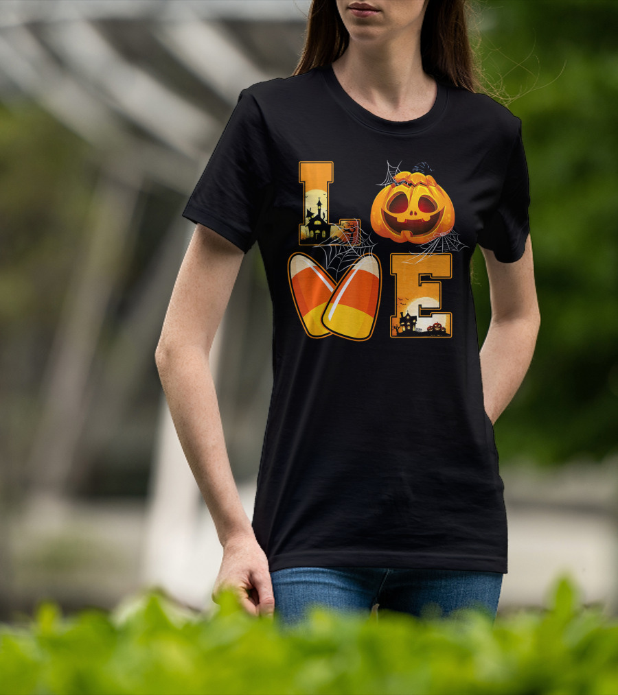 Love Candy Corn Pumpkin Halloween Spiderwebs T-Shirt