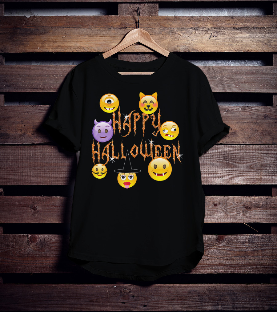 Happy Halloween Emoji Faces Devil Cat Vampire Witch Pumpkin Monster Cyclops T-Shirt