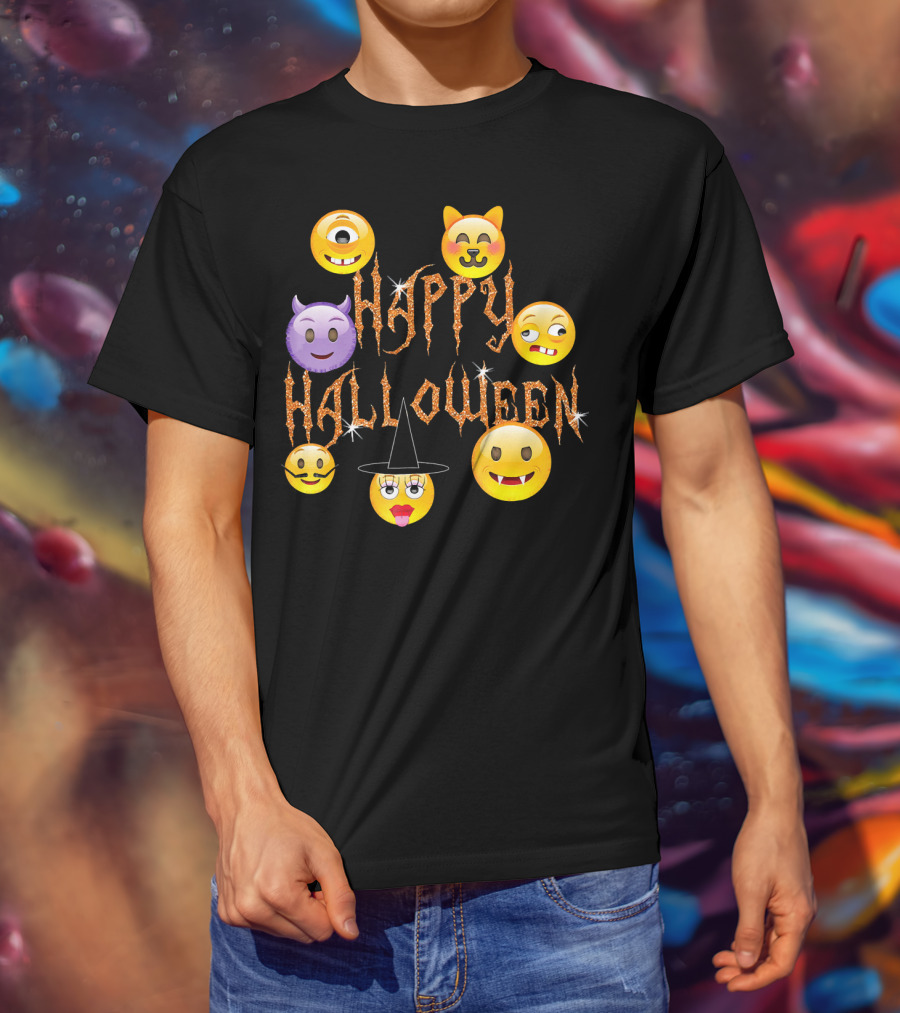 Happy Halloween Emoji Faces Devil Cat Vampire Witch Pumpkin Monster Cyclops T-Shirt