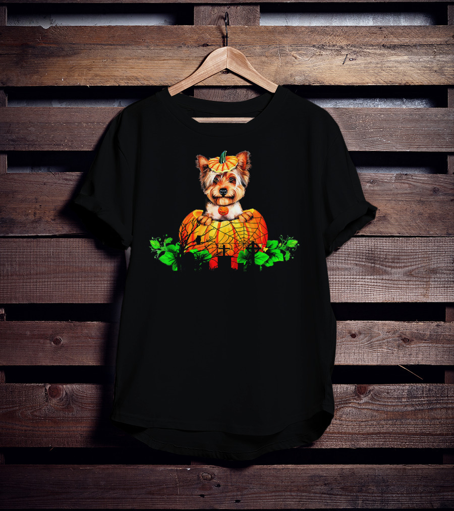 Yorkie Puppy With Pumpkin And Green Leaves Halloween T-Shirt
