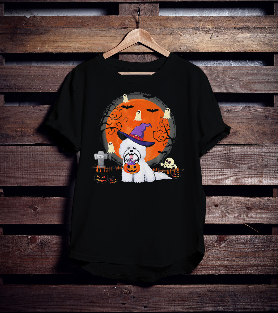 Bichon Frise Dog Witch Halloween Ghosts Jack-o'-Lantern T-Shirt