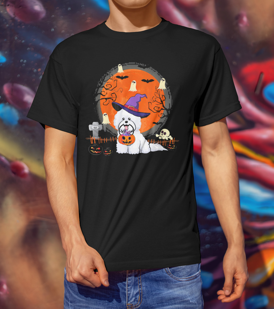 Bichon Frise Dog Witch Halloween Ghosts Jack-o'-Lantern T-Shirt