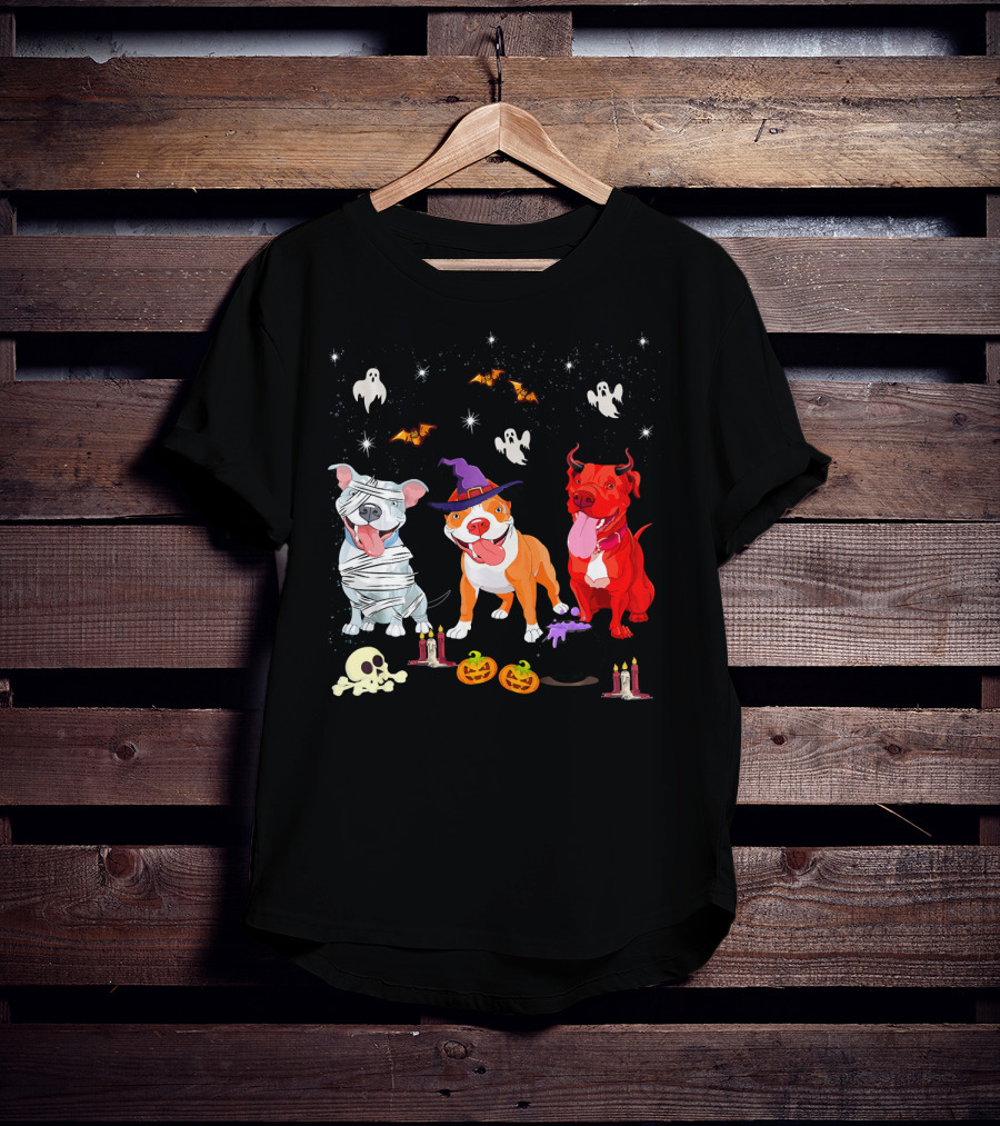 Three Pitbulls Halloween Ghosts Bats Pumpkins Candles Skulls Stars T-Shirt