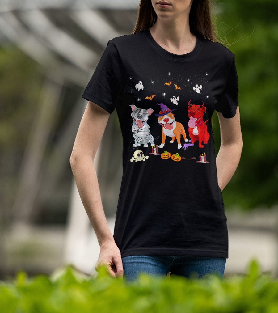 Three Pitbulls Halloween Ghosts Bats Pumpkins Candles Skulls Stars T-Shirt