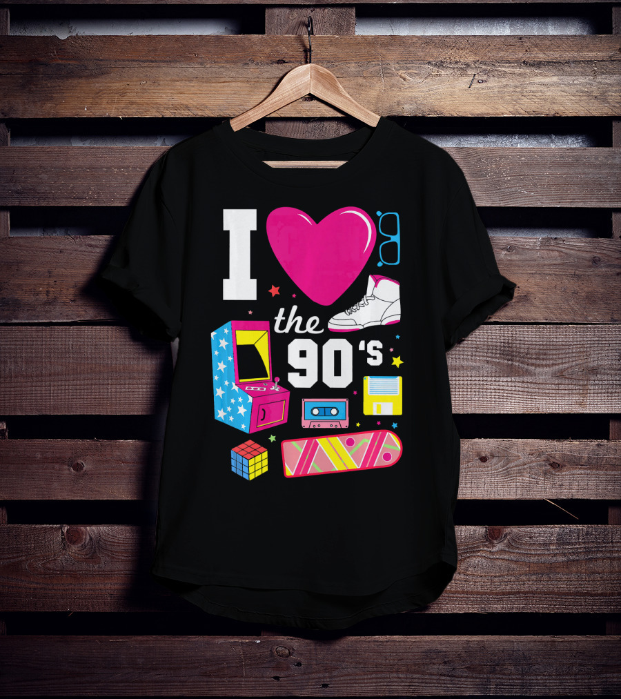 I Love The 90s Retro Arcade Cassette Sneaker Skateboard Rubik's Cube Floppy Disk T-Shirt
