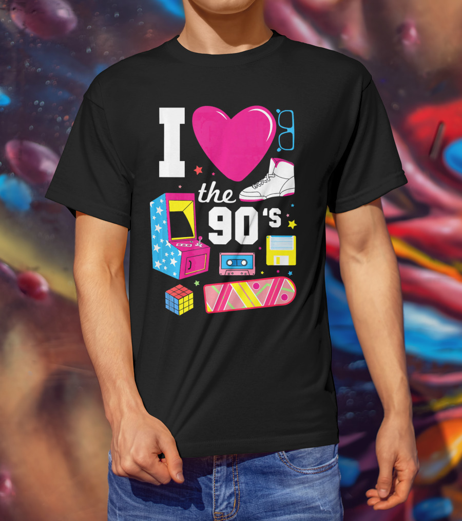 I Love The 90s Retro Arcade Cassette Sneaker Skateboard Rubik's Cube Floppy Disk T-Shirt