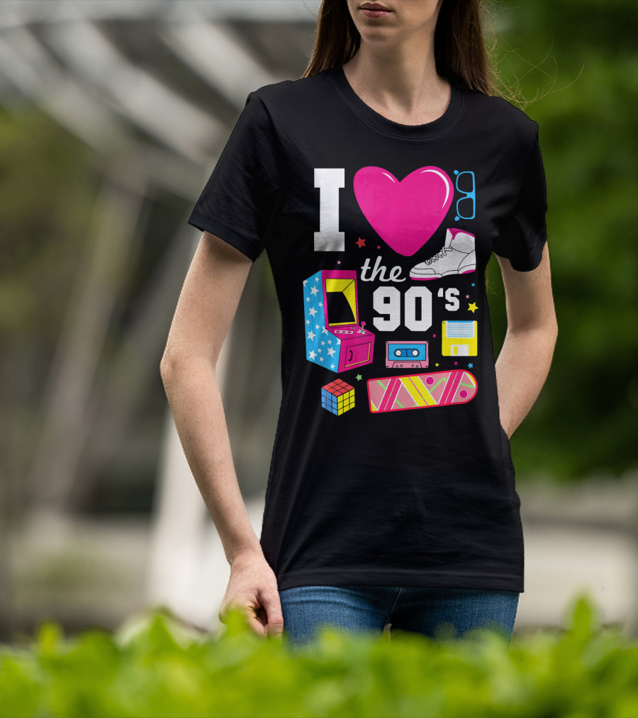 I Love The 90s Retro Arcade Cassette Sneaker Skateboard Rubik's Cube Floppy Disk T-Shirt