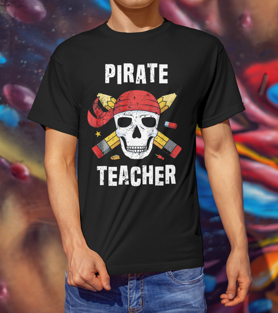 Pirate Teacher Skull With Pencils And Bandana T-Shirt